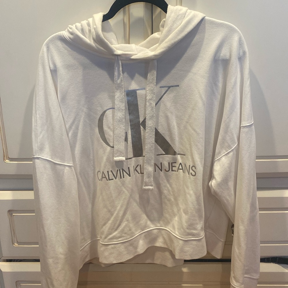 Calvin Klein White Hoodie Thin Material with Silver Logo